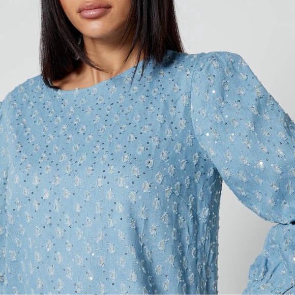 Never Fully Dressed | NWOT - Minnie Distressed Sequin Denim Dress - Size 10 - Picture 4 of 13